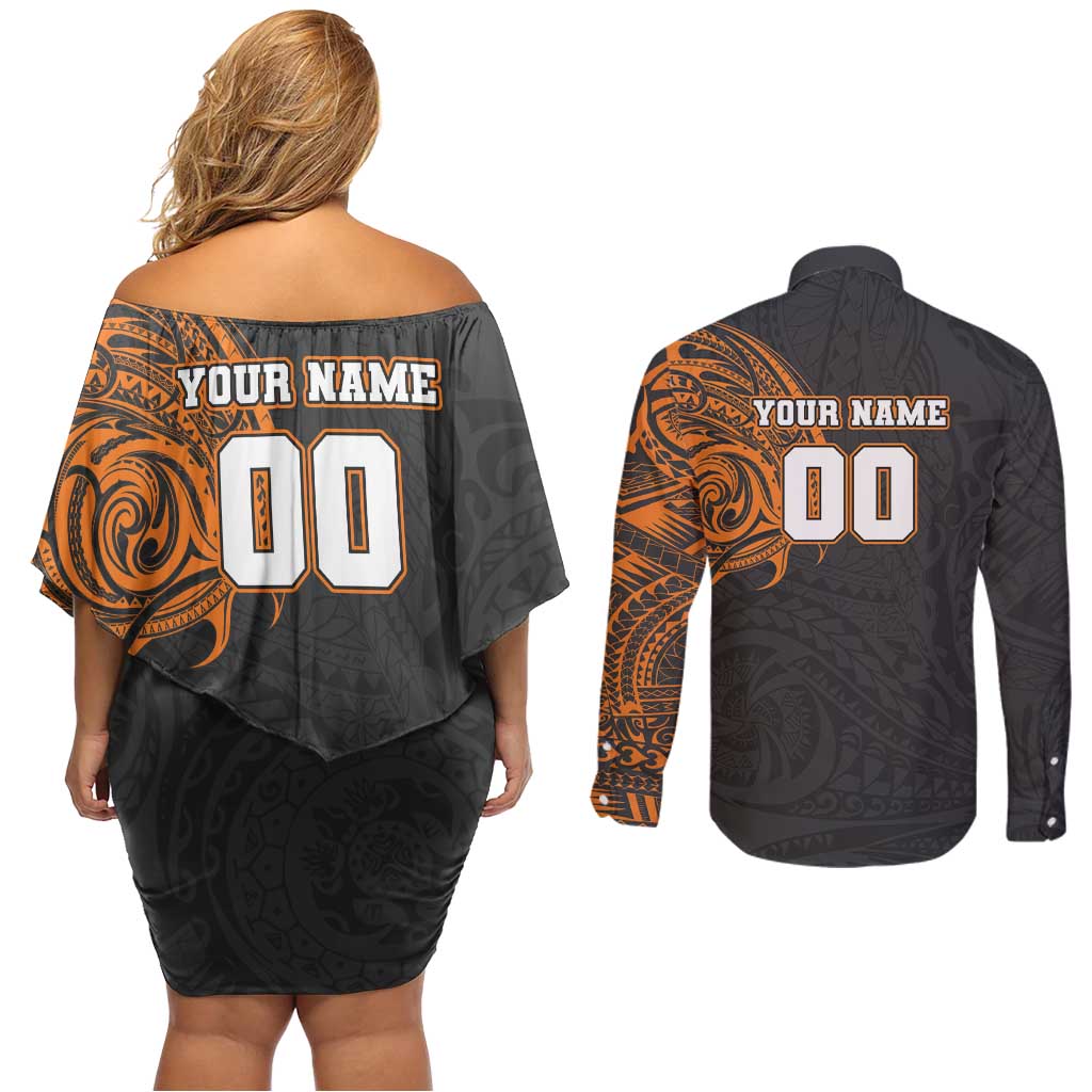 Personalized Giants Polynesian Couples Matching Off Shoulder Short Dress and Long Sleeve Button Shirt Tribal Chest and Sleeve Tattoo Heritage Warrior