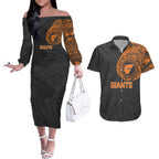 Personalized Giants Polynesian Couples Matching Off The Shoulder Long Sleeve Dress and Hawaiian Shirt Tribal Chest and Sleeve Tattoo Heritage Warrior