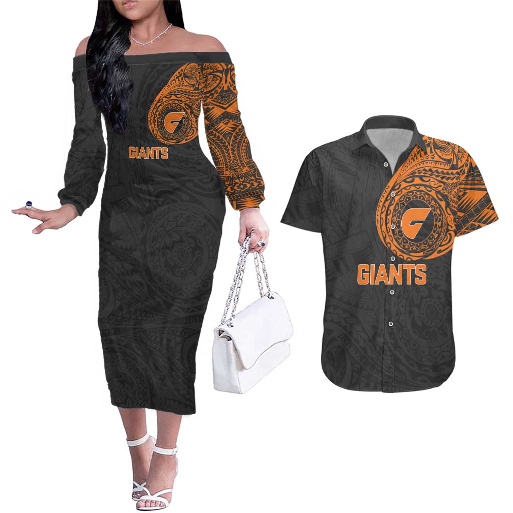 Personalized Giants Polynesian Couples Matching Off The Shoulder Long Sleeve Dress and Hawaiian Shirt Tribal Chest and Sleeve Tattoo Heritage Warrior