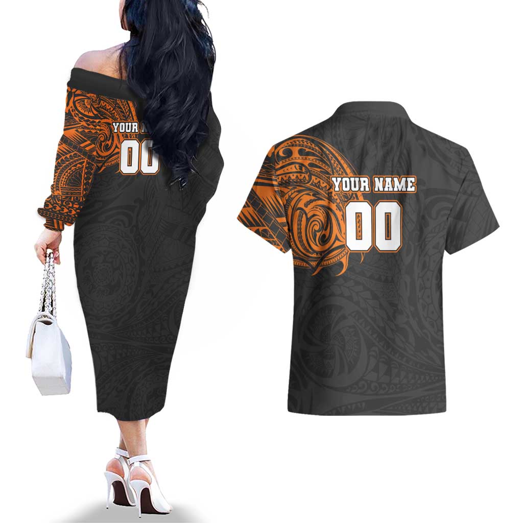 Personalized Giants Polynesian Couples Matching Off The Shoulder Long Sleeve Dress and Hawaiian Shirt Tribal Chest and Sleeve Tattoo Heritage Warrior