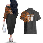 Personalized Giants Polynesian Couples Matching Off The Shoulder Long Sleeve Dress and Hawaiian Shirt Tribal Chest and Sleeve Tattoo Heritage Warrior