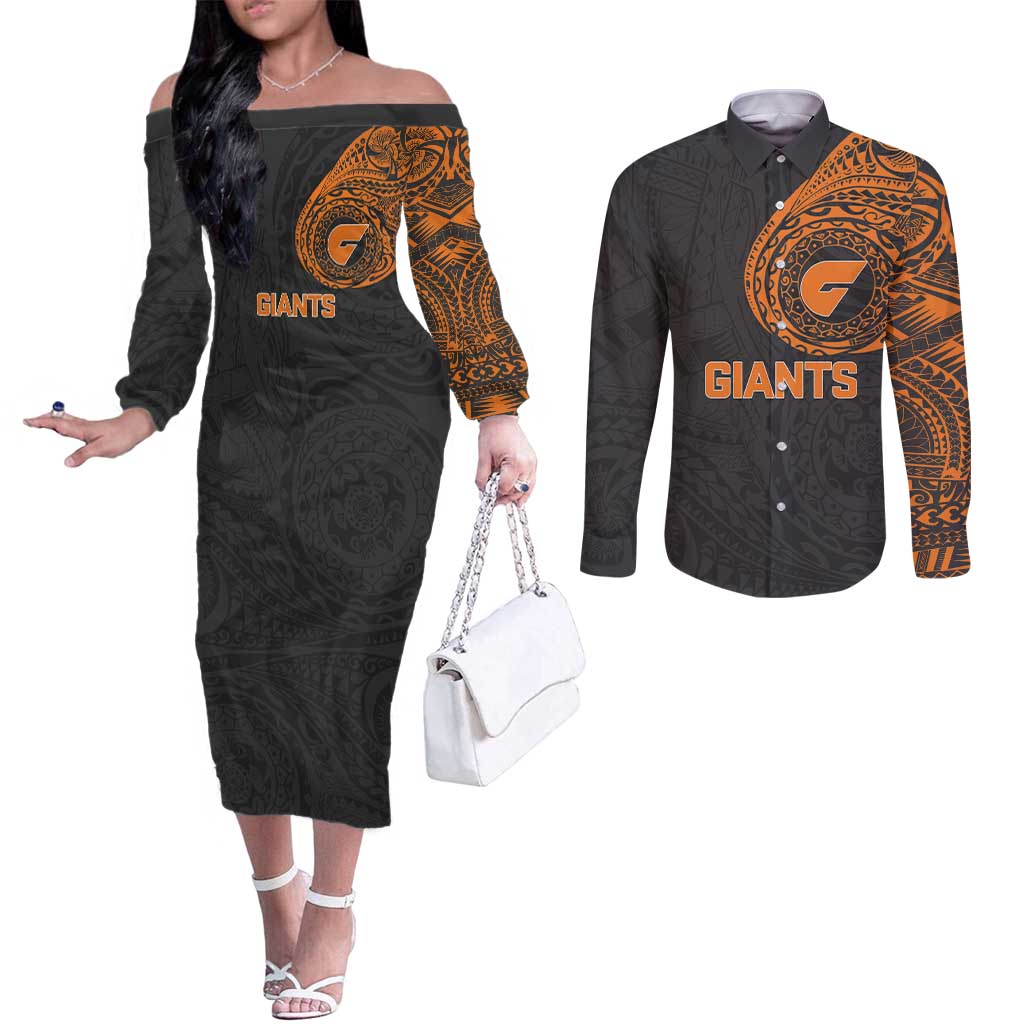 Personalized Giants Polynesian Couples Matching Off The Shoulder Long Sleeve Dress and Long Sleeve Button Shirt Tribal Chest and Sleeve Tattoo Heritage Warrior