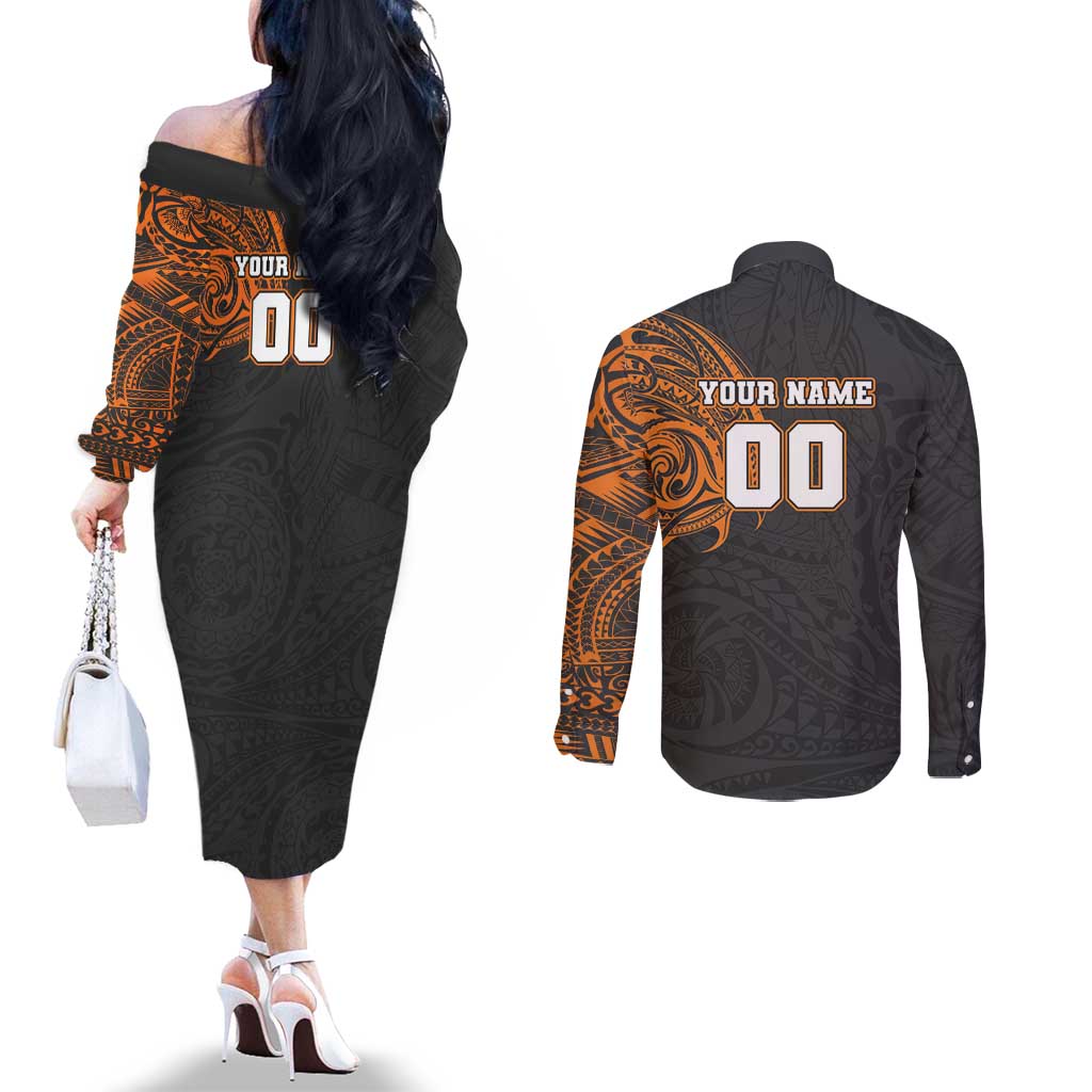 Personalized Giants Polynesian Couples Matching Off The Shoulder Long Sleeve Dress and Long Sleeve Button Shirt Tribal Chest and Sleeve Tattoo Heritage Warrior