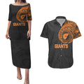Personalized Giants Polynesian Couples Matching Puletasi and Hawaiian Shirt Tribal Chest and Sleeve Tattoo Heritage Warrior