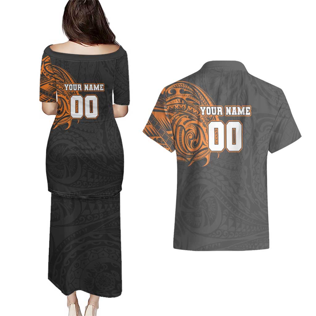 Personalized Giants Polynesian Couples Matching Puletasi and Hawaiian Shirt Tribal Chest and Sleeve Tattoo Heritage Warrior