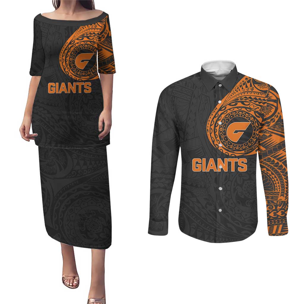 Personalized Giants Polynesian Couples Matching Puletasi and Long Sleeve Button Shirt Tribal Chest and Sleeve Tattoo Heritage Warrior