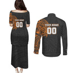 Personalized Giants Polynesian Couples Matching Puletasi and Long Sleeve Button Shirt Tribal Chest and Sleeve Tattoo Heritage Warrior