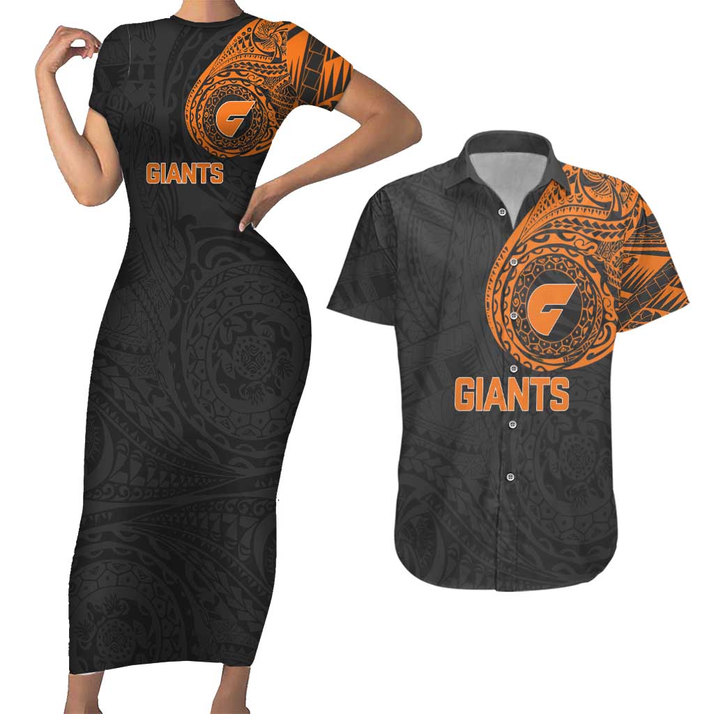 Personalized Giants Polynesian Couples Matching Short Sleeve Bodycon Dress and Hawaiian Shirt Tribal Chest and Sleeve Tattoo Heritage Warrior
