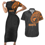 Personalized Giants Polynesian Couples Matching Short Sleeve Bodycon Dress and Hawaiian Shirt Tribal Chest and Sleeve Tattoo Heritage Warrior
