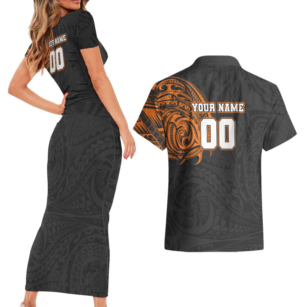 Personalized Giants Polynesian Couples Matching Short Sleeve Bodycon Dress and Hawaiian Shirt Tribal Chest and Sleeve Tattoo Heritage Warrior