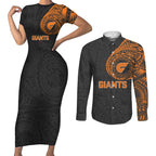 Personalized Giants Polynesian Couples Matching Short Sleeve Bodycon Dress and Long Sleeve Button Shirt Tribal Chest and Sleeve Tattoo Heritage Warrior