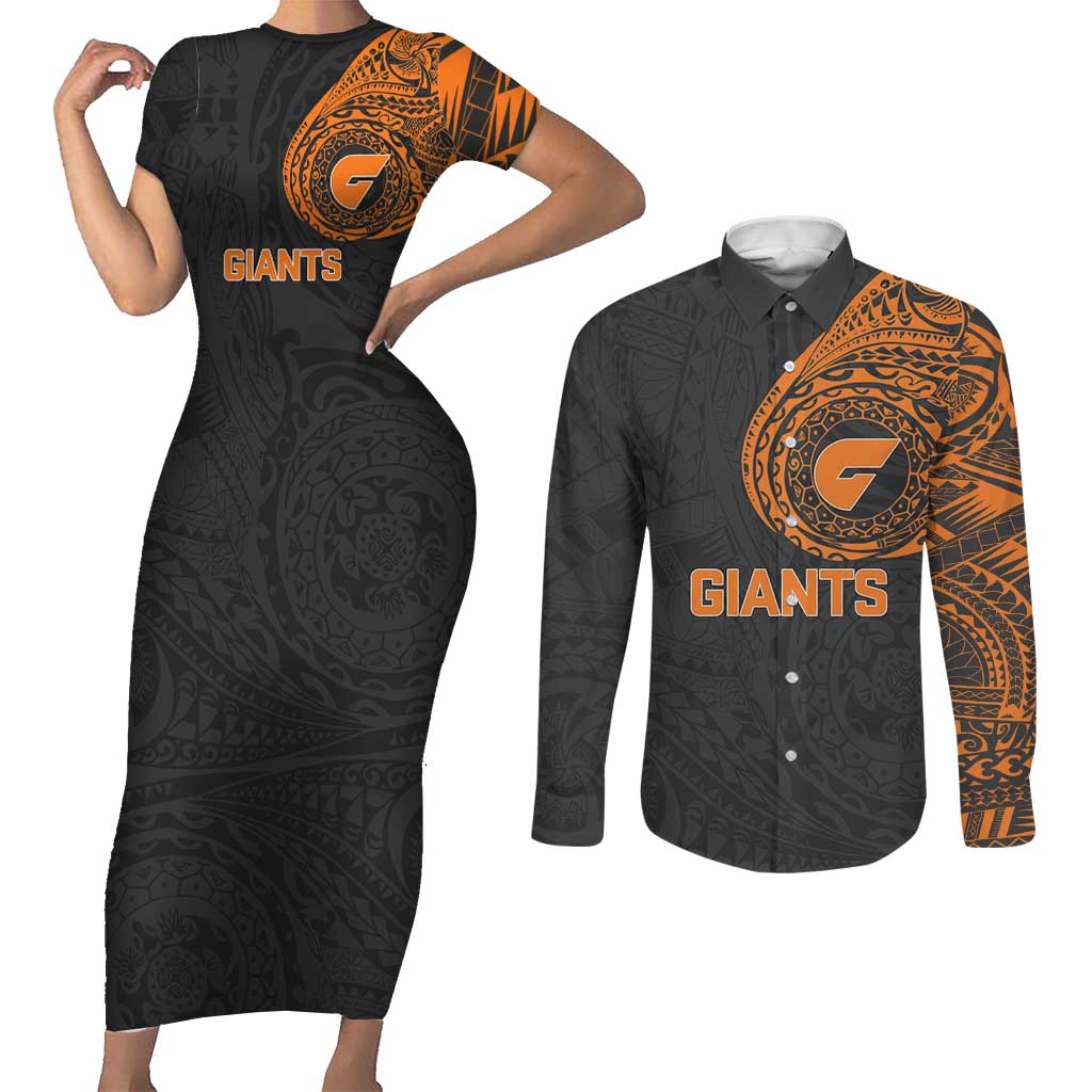 Personalized Giants Polynesian Couples Matching Short Sleeve Bodycon Dress and Long Sleeve Button Shirt Tribal Chest and Sleeve Tattoo Heritage Warrior