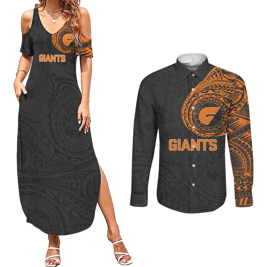 Personalized Giants Polynesian Couples Matching Summer Maxi Dress and Long Sleeve Button Shirt Tribal Chest and Sleeve Tattoo Heritage Warrior