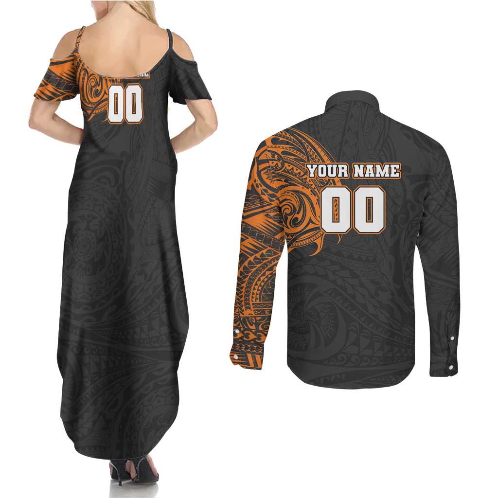 Personalized Giants Polynesian Couples Matching Summer Maxi Dress and Long Sleeve Button Shirt Tribal Chest and Sleeve Tattoo Heritage Warrior