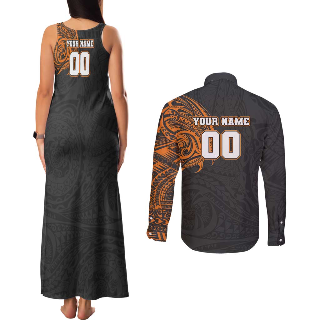 Personalized Giants Polynesian Couples Matching Tank Maxi Dress and Long Sleeve Button Shirt Tribal Chest and Sleeve Tattoo Heritage Warrior