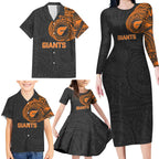 Personalized Giants Polynesian Family Matching Long Sleeve Bodycon Dress and Hawaiian Shirt Tribal Chest and Sleeve Tattoo Heritage Warrior