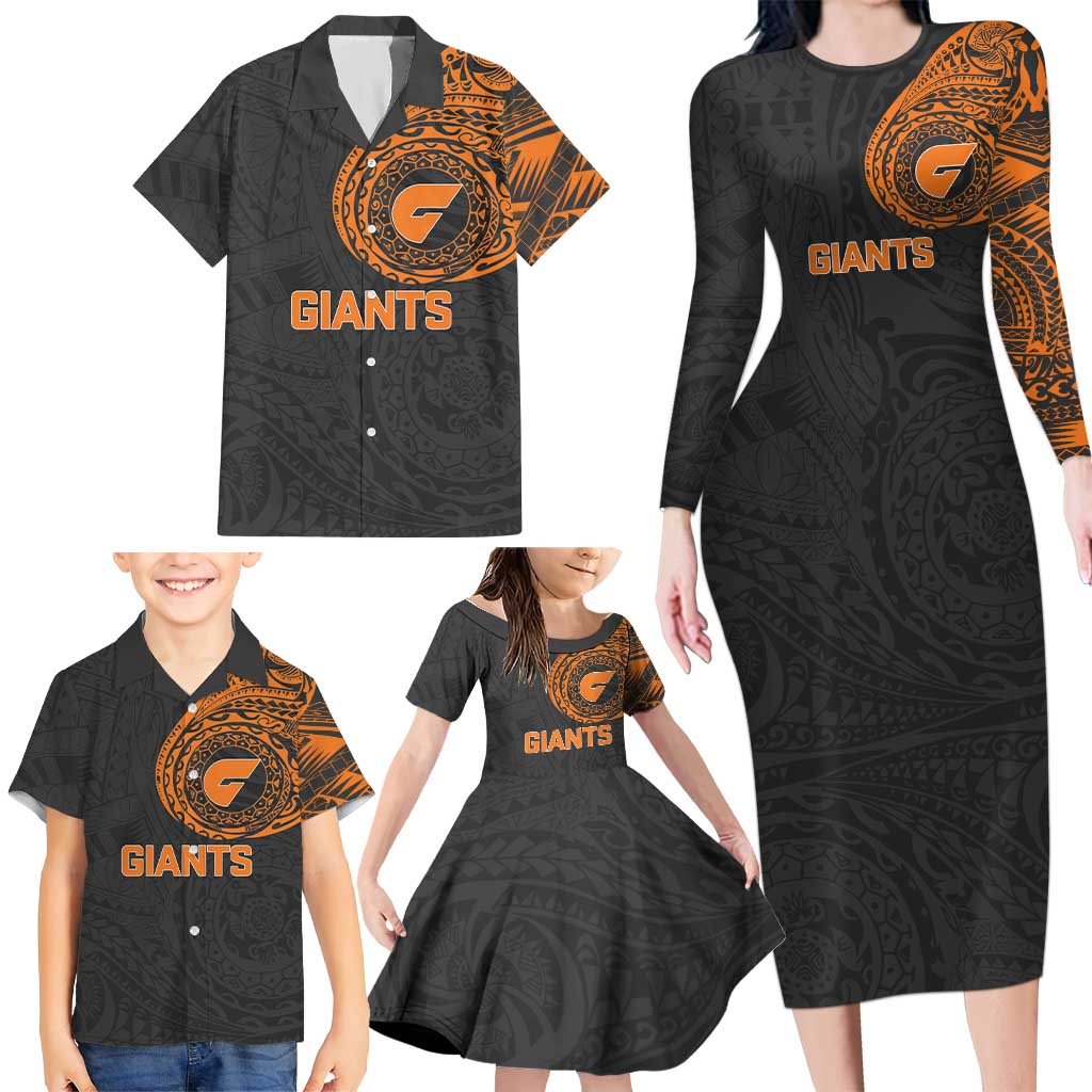 Personalized Giants Polynesian Family Matching Long Sleeve Bodycon Dress and Hawaiian Shirt Tribal Chest and Sleeve Tattoo Heritage Warrior