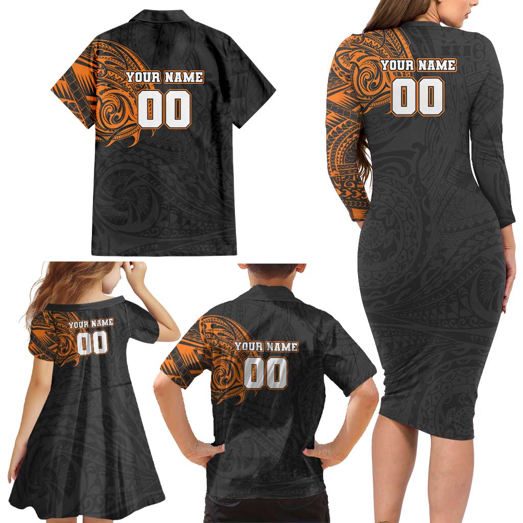 Personalized Giants Polynesian Family Matching Long Sleeve Bodycon Dress and Hawaiian Shirt Tribal Chest and Sleeve Tattoo Heritage Warrior