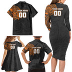 Personalized Giants Polynesian Family Matching Long Sleeve Bodycon Dress and Hawaiian Shirt Tribal Chest and Sleeve Tattoo Heritage Warrior