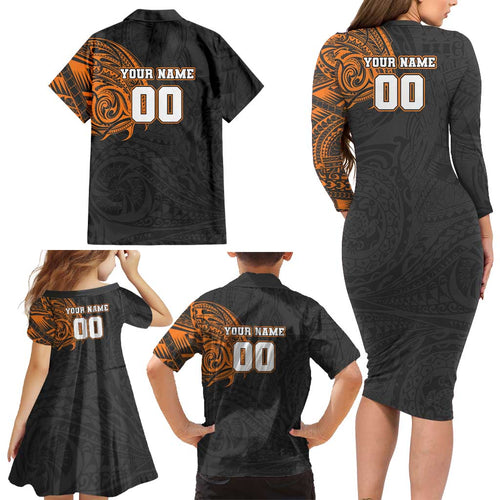 Personalized Giants Polynesian Family Matching Long Sleeve Bodycon Dress and Hawaiian Shirt Tribal Chest and Sleeve Tattoo Heritage Warrior