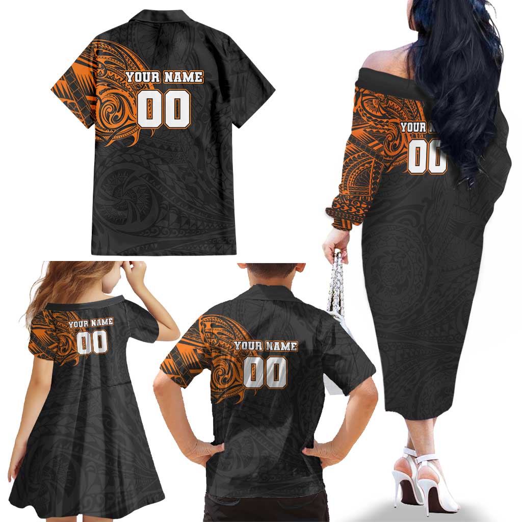Personalized Giants Polynesian Family Matching Off The Shoulder Long Sleeve Dress and Hawaiian Shirt Tribal Chest and Sleeve Tattoo Heritage Warrior