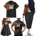 Personalized Giants Polynesian Family Matching Off The Shoulder Long Sleeve Dress and Hawaiian Shirt Tribal Chest and Sleeve Tattoo Heritage Warrior