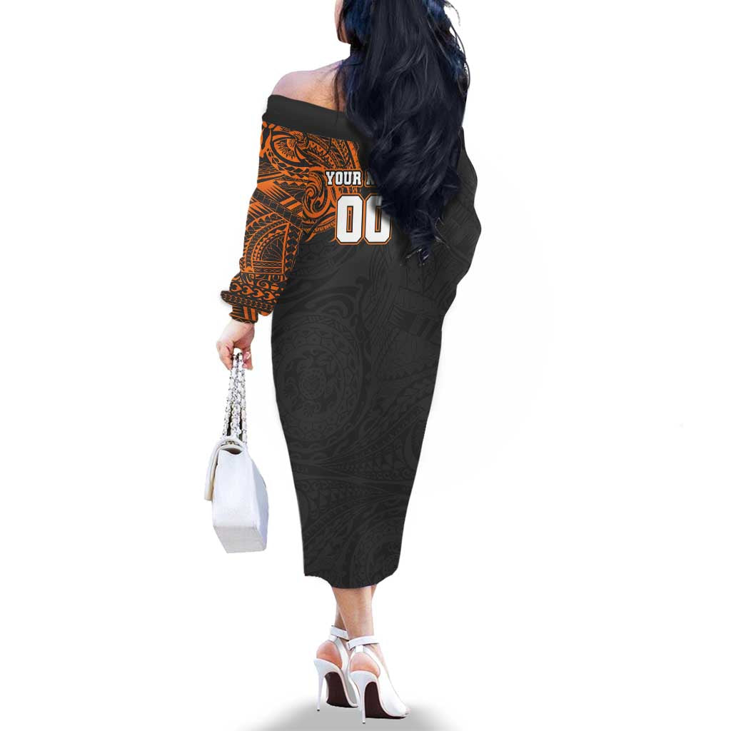 Personalized Giants Polynesian Family Matching Off The Shoulder Long Sleeve Dress and Hawaiian Shirt Tribal Chest and Sleeve Tattoo Heritage Warrior
