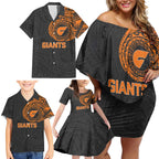 Personalized Giants Polynesian Family Matching Off Shoulder Short Dress and Hawaiian Shirt Tribal Chest and Sleeve Tattoo Heritage Warrior