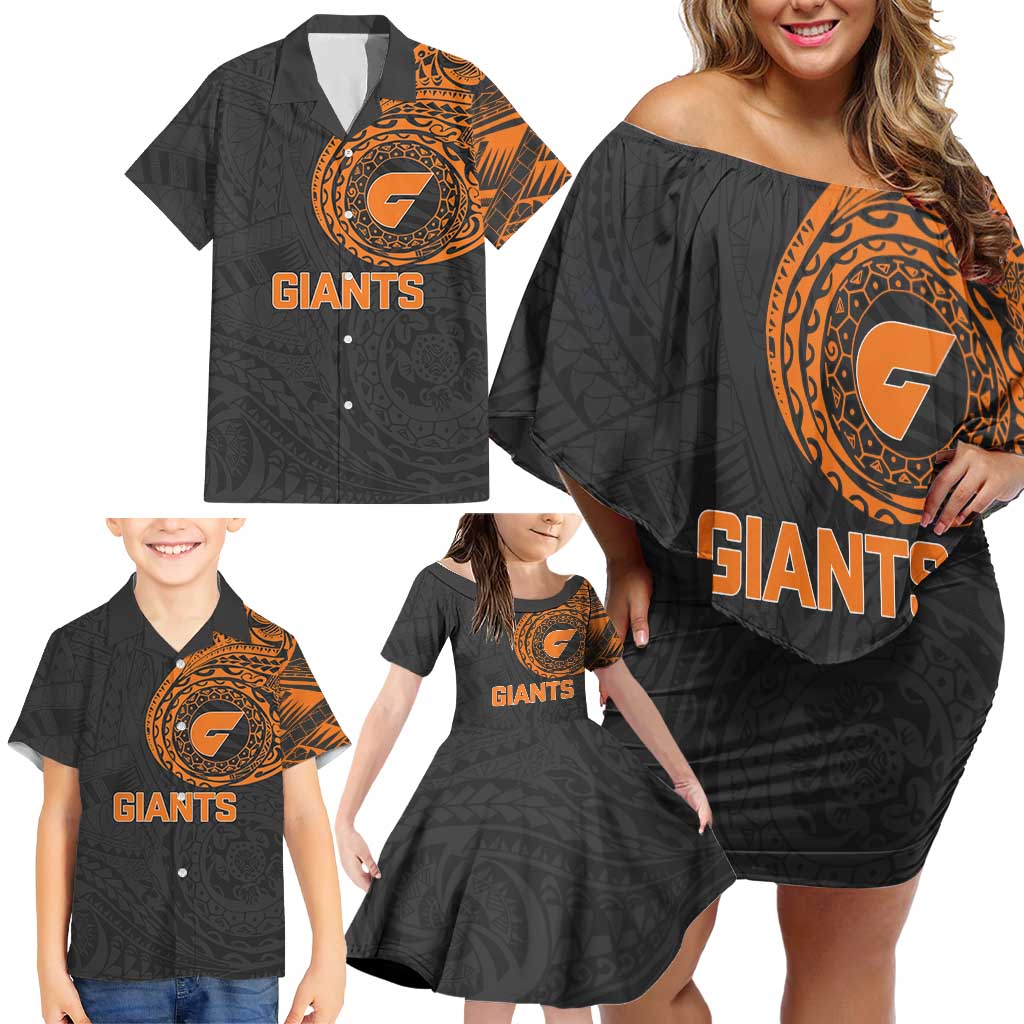 Personalized Giants Polynesian Family Matching Off Shoulder Short Dress and Hawaiian Shirt Tribal Chest and Sleeve Tattoo Heritage Warrior