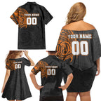 Personalized Giants Polynesian Family Matching Off Shoulder Short Dress and Hawaiian Shirt Tribal Chest and Sleeve Tattoo Heritage Warrior
