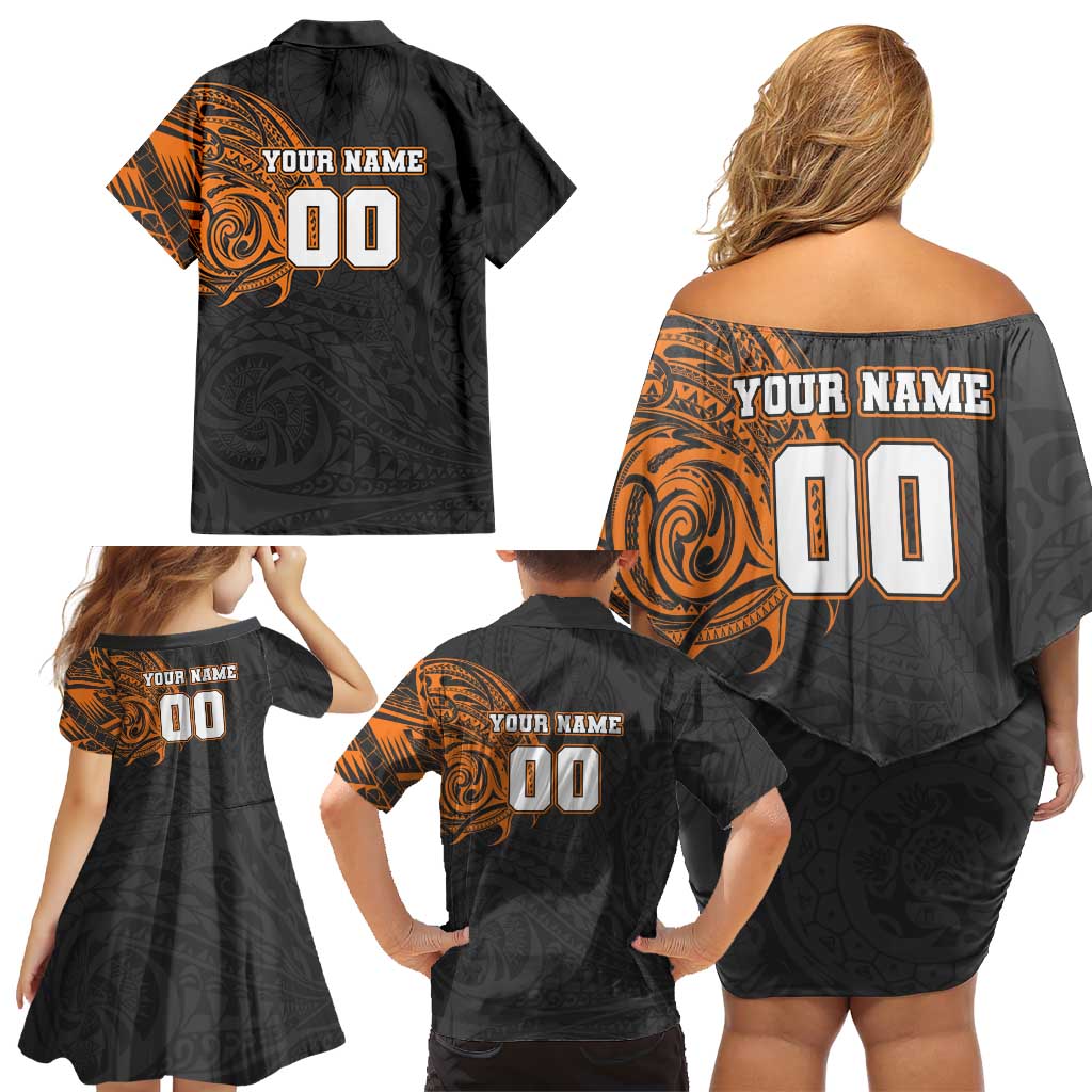 Personalized Giants Polynesian Family Matching Off Shoulder Short Dress and Hawaiian Shirt Tribal Chest and Sleeve Tattoo Heritage Warrior