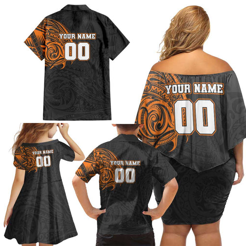 Personalized Giants Polynesian Family Matching Off Shoulder Short Dress and Hawaiian Shirt Tribal Chest and Sleeve Tattoo Heritage Warrior