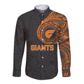 Personalized Giants Polynesian Long Sleeve Button Shirt Tribal Chest and Sleeve Tattoo Heritage Warrior