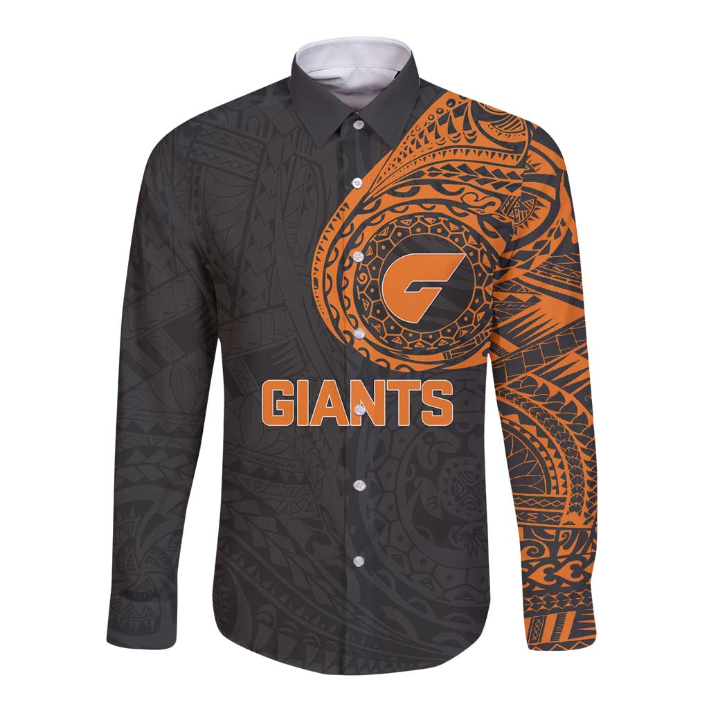 Personalized Giants Polynesian Long Sleeve Button Shirt Tribal Chest and Sleeve Tattoo Heritage Warrior