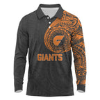 Personalized Giants Polynesian Long Sleeve Polo Shirt Tribal Chest and Sleeve Tattoo Heritage Warrior