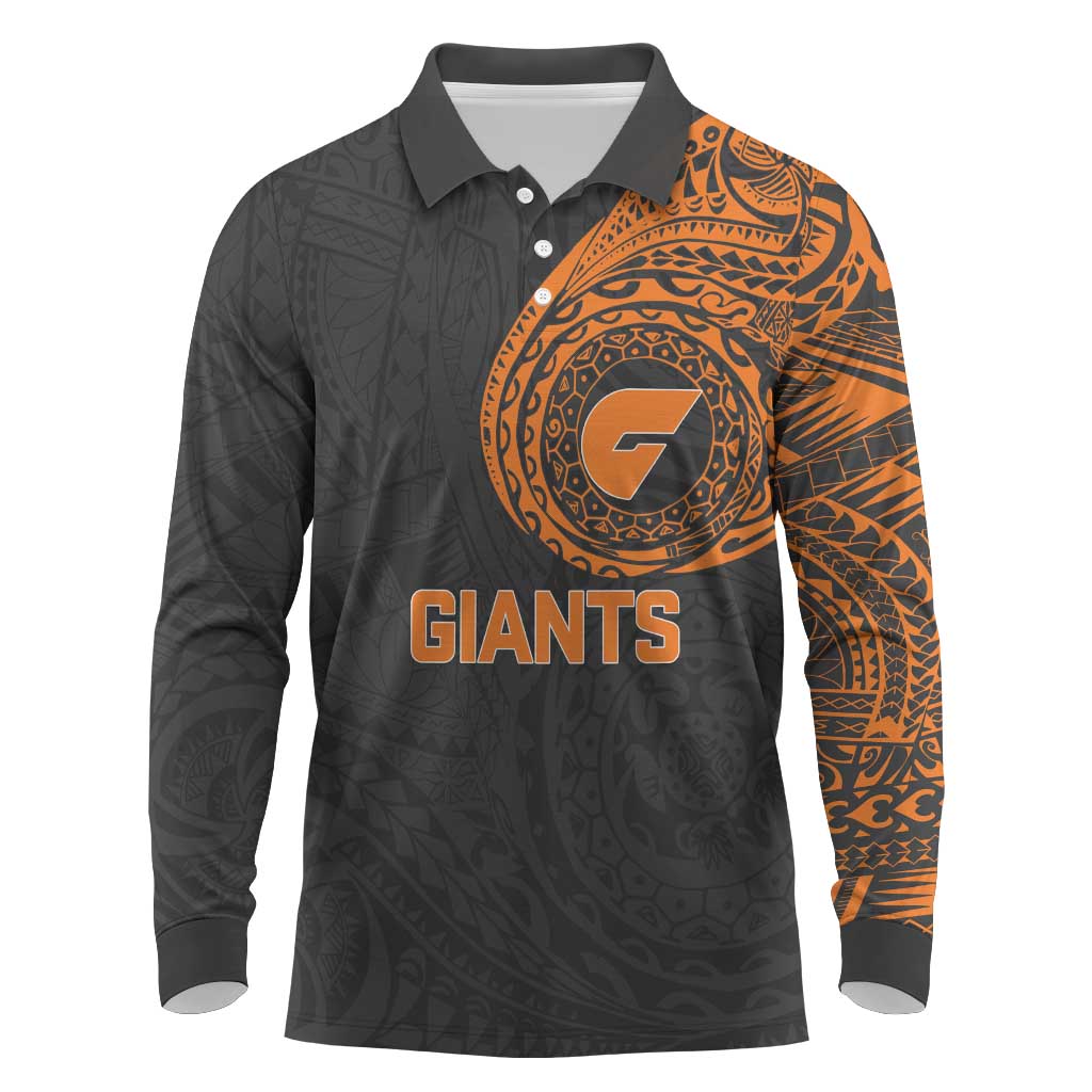 Personalized Giants Polynesian Long Sleeve Polo Shirt Tribal Chest and Sleeve Tattoo Heritage Warrior