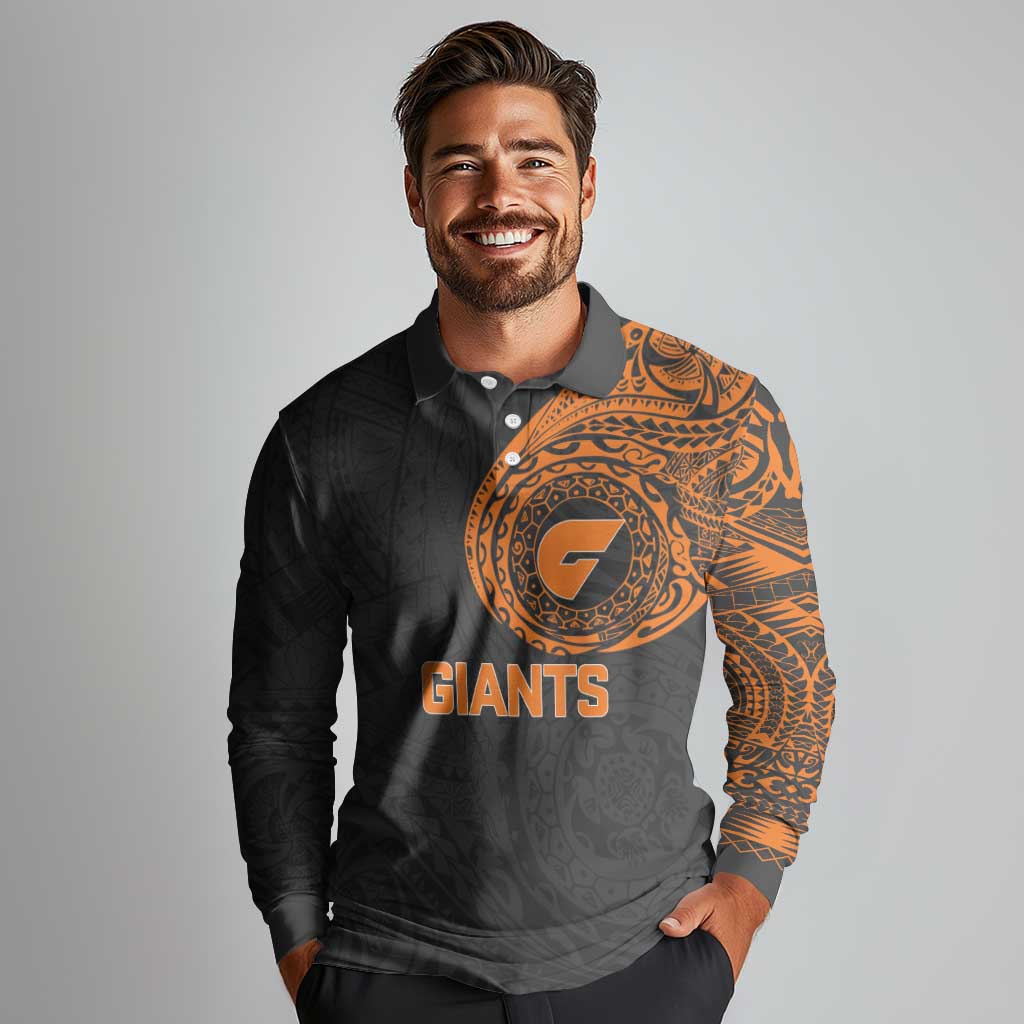 Personalized Giants Polynesian Long Sleeve Polo Shirt Tribal Chest and Sleeve Tattoo Heritage Warrior