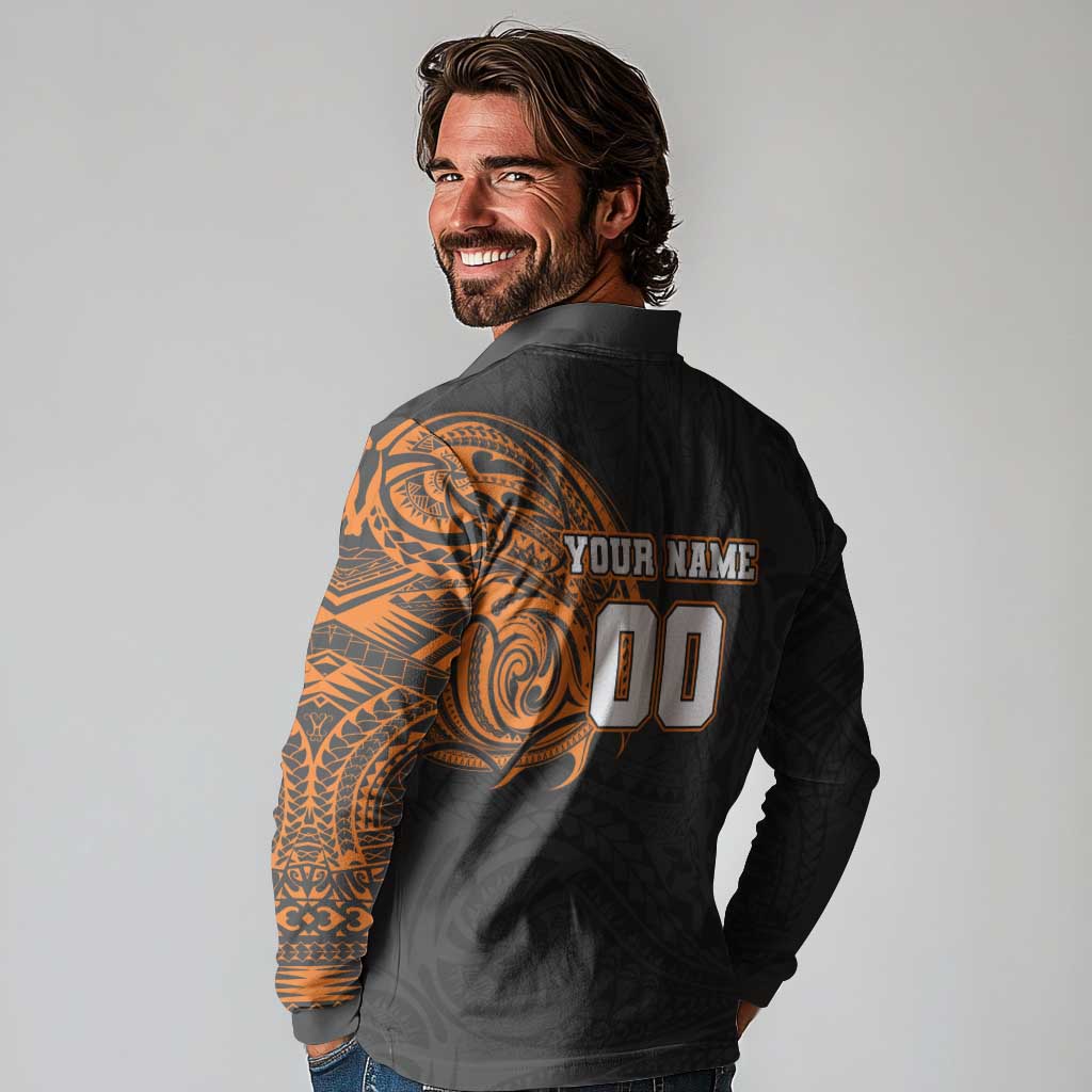 Personalized Giants Polynesian Long Sleeve Polo Shirt Tribal Chest and Sleeve Tattoo Heritage Warrior