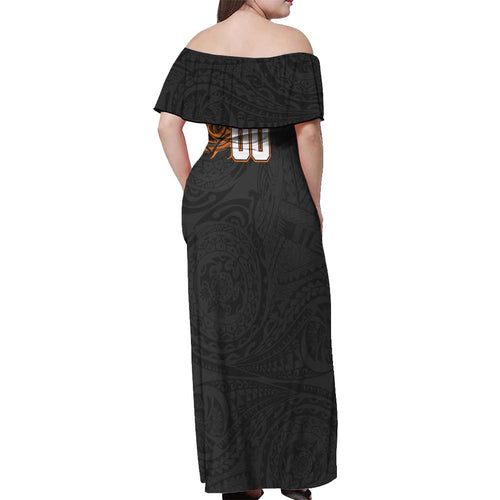 Personalized Giants Polynesian Off Shoulder Maxi Dress Tribal Chest and Sleeve Tattoo Heritage Warrior