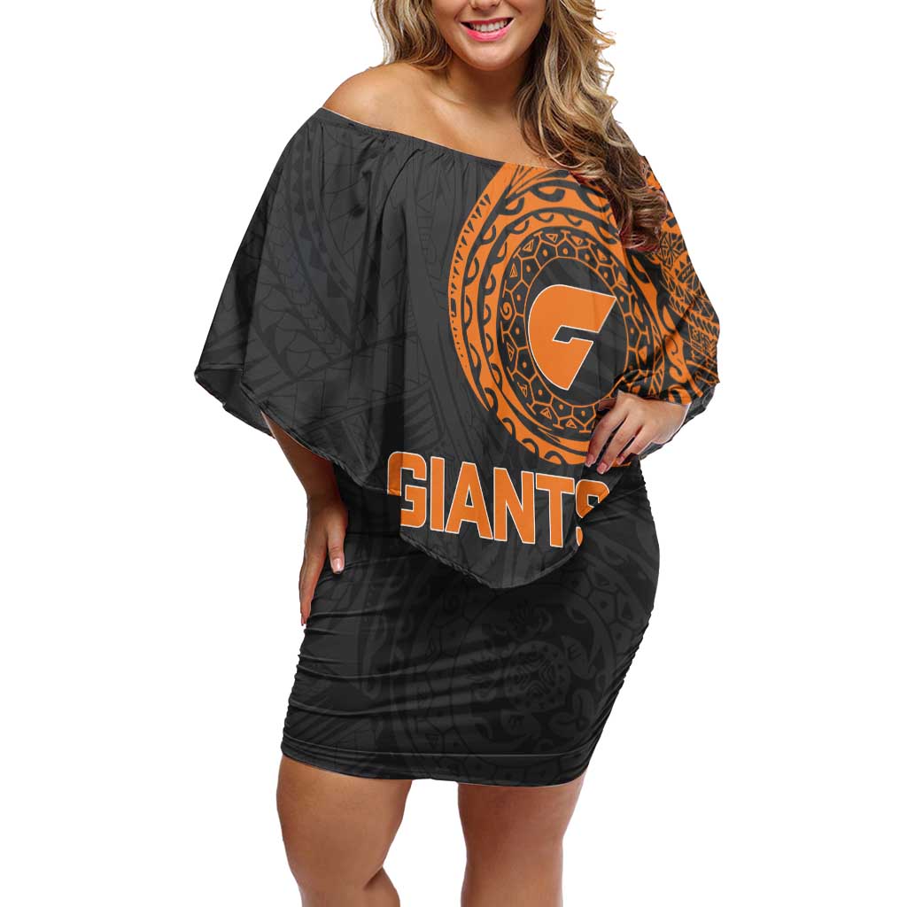 Personalized Giants Polynesian Off Shoulder Short Dress Tribal Chest and Sleeve Tattoo Heritage Warrior