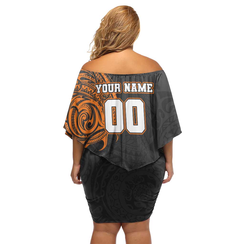 Personalized Giants Polynesian Off Shoulder Short Dress Tribal Chest and Sleeve Tattoo Heritage Warrior