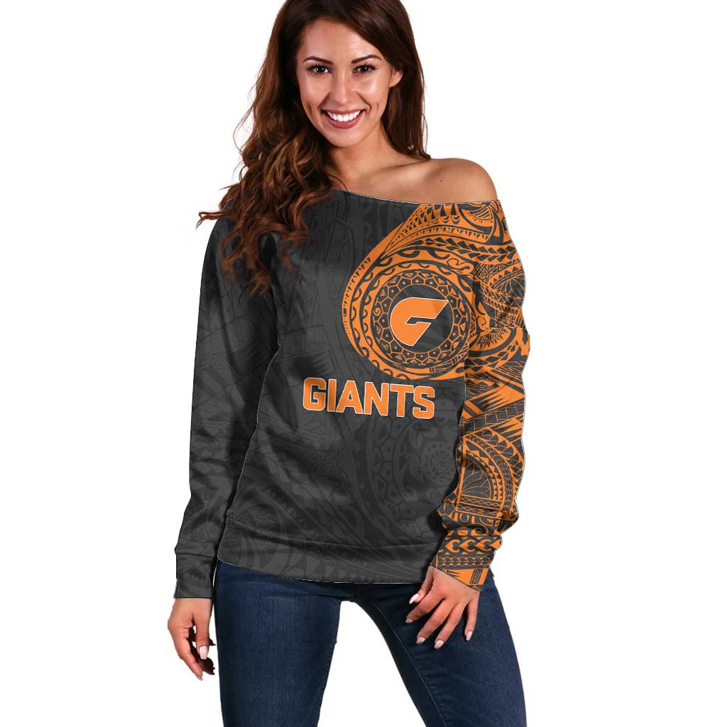 Personalized Giants Polynesian Off Shoulder Sweater Tribal Chest and Sleeve Tattoo Heritage Warrior
