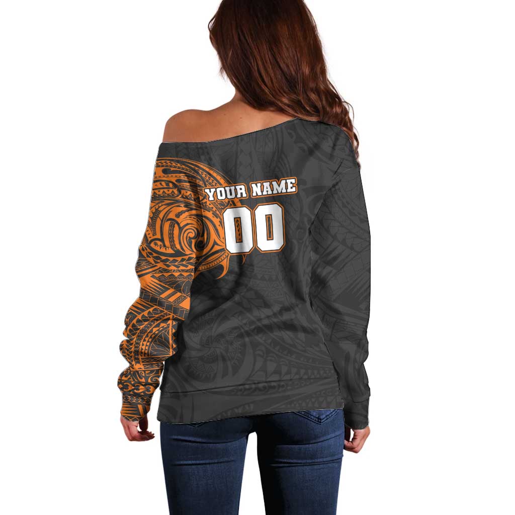 Personalized Giants Polynesian Off Shoulder Sweater Tribal Chest and Sleeve Tattoo Heritage Warrior