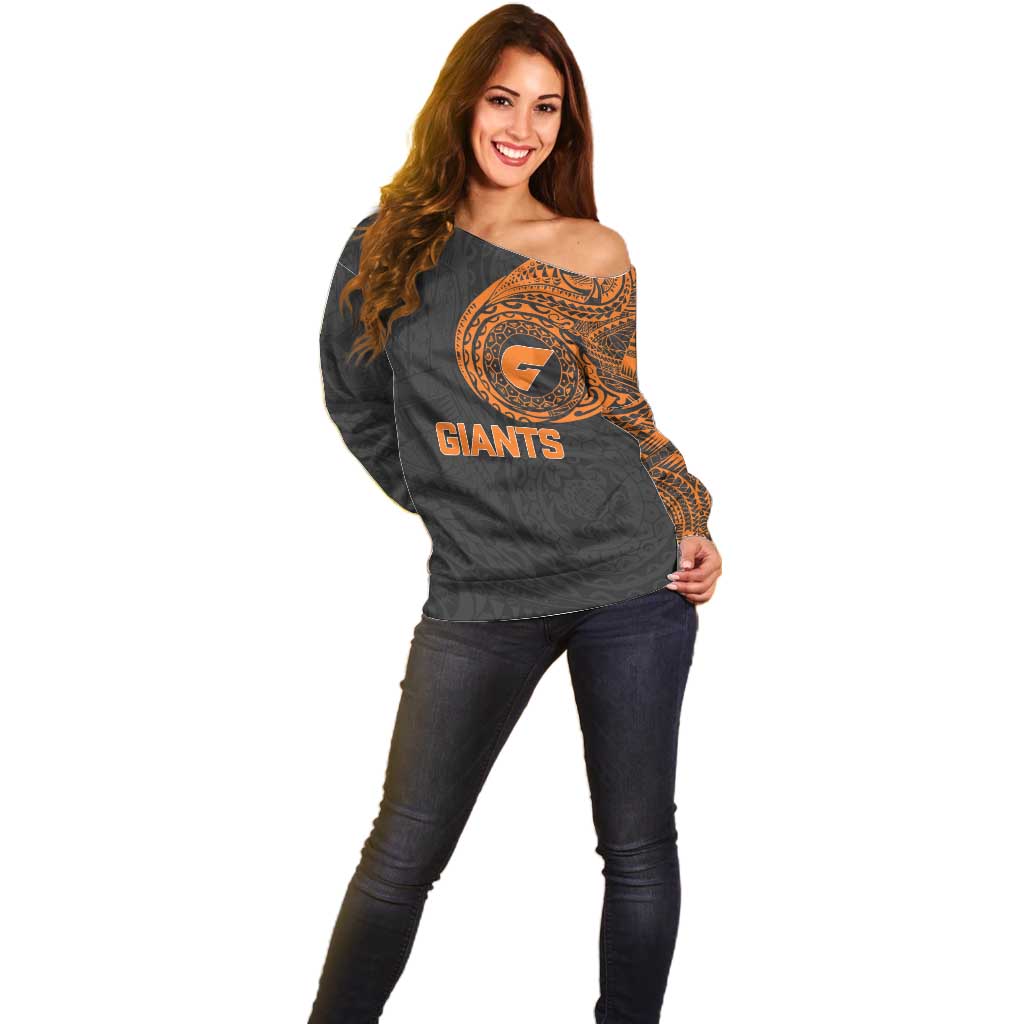 Personalized Giants Polynesian Off Shoulder Sweater Tribal Chest and Sleeve Tattoo Heritage Warrior