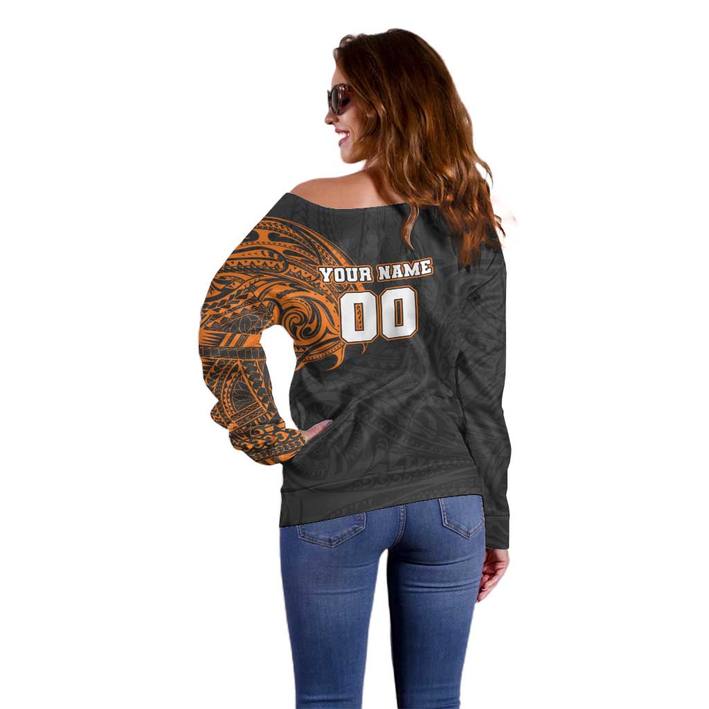 Personalized Giants Polynesian Off Shoulder Sweater Tribal Chest and Sleeve Tattoo Heritage Warrior
