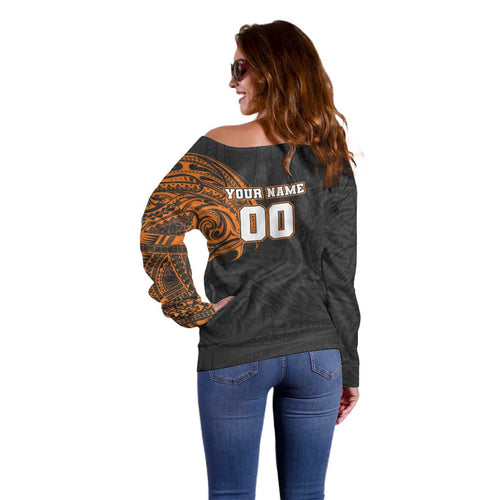 Personalized Giants Polynesian Off Shoulder Sweater Tribal Chest and Sleeve Tattoo Heritage Warrior
