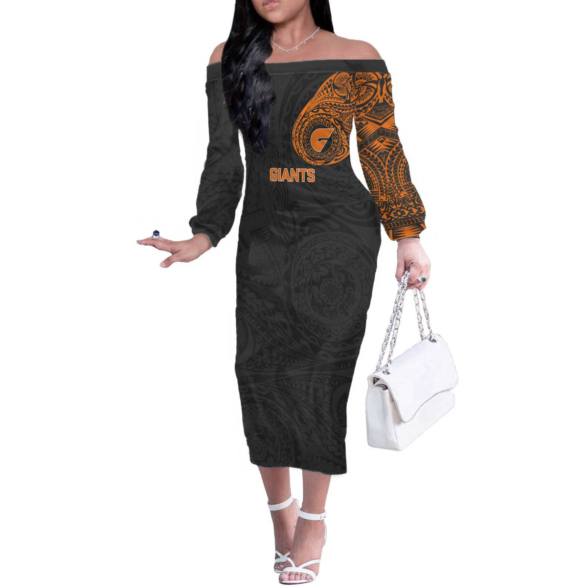 Personalized Giants Polynesian Off The Shoulder Long Sleeve Dress Tribal Chest and Sleeve Tattoo Heritage Warrior