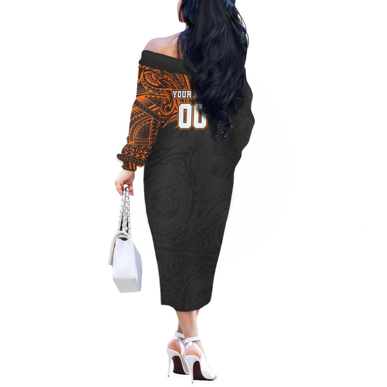 Personalized Giants Polynesian Off The Shoulder Long Sleeve Dress Tribal Chest and Sleeve Tattoo Heritage Warrior