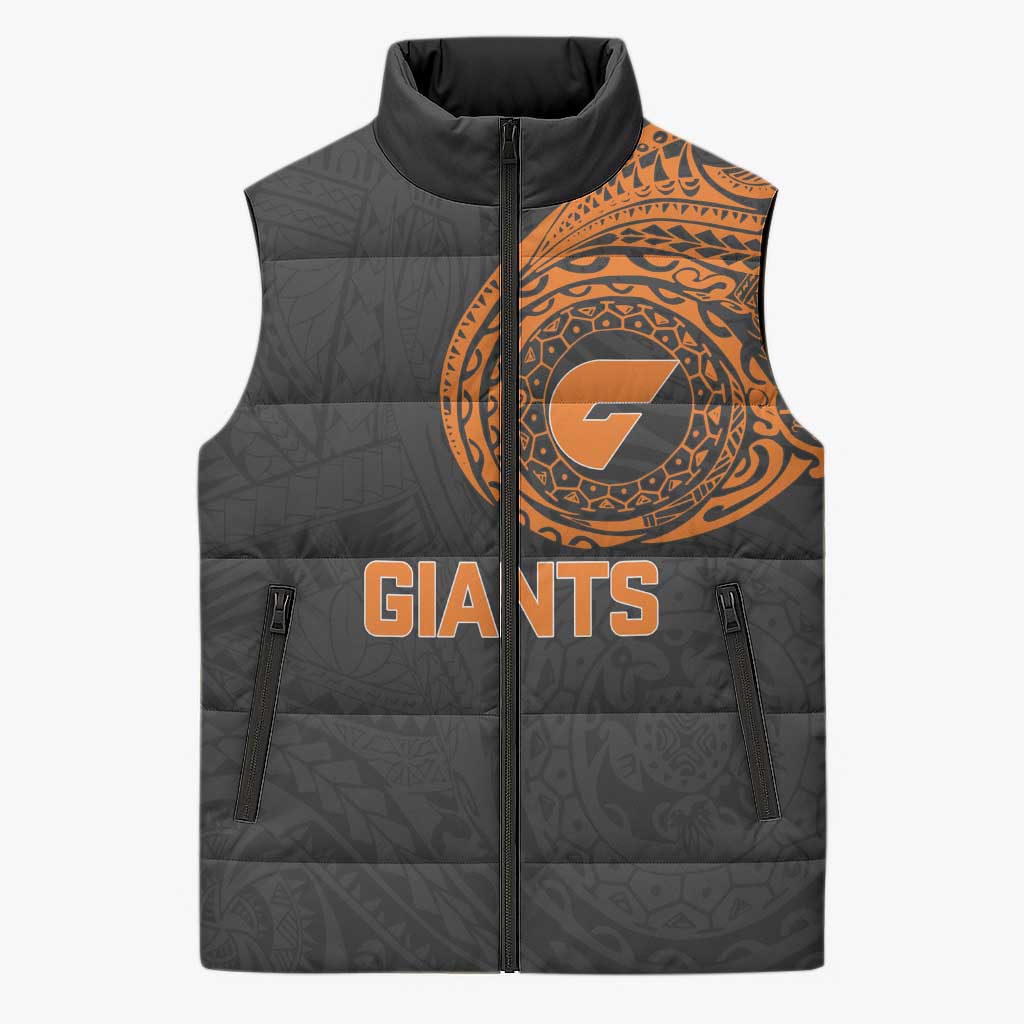 Personalized Giants Polynesian Sleeveless Puffer Jacket Tribal Chest and Sleeve Tattoo Heritage Warrior
