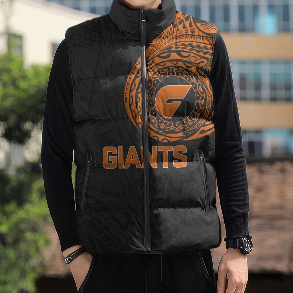 Personalized Giants Polynesian Sleeveless Puffer Jacket Tribal Chest and Sleeve Tattoo Heritage Warrior